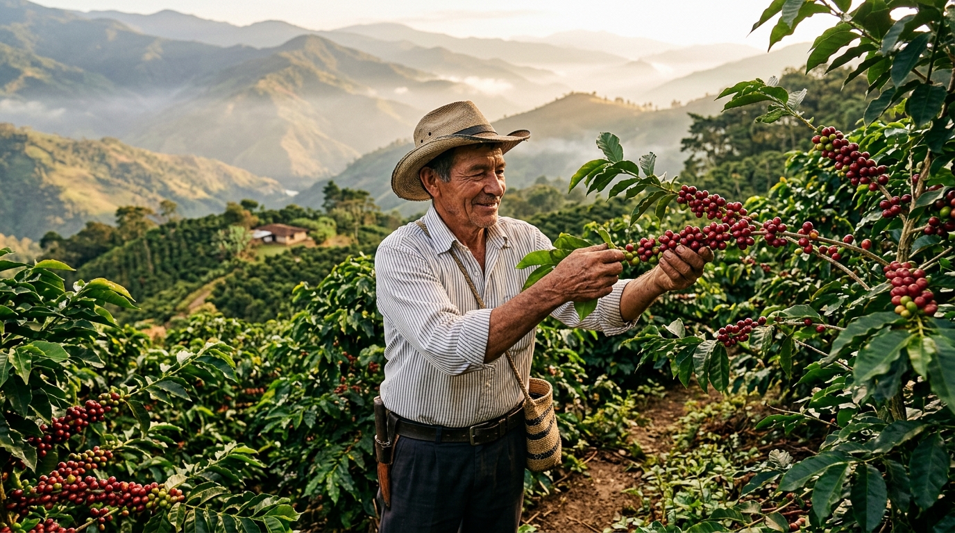 Colombian Coffee Farm Harvest in the Andes