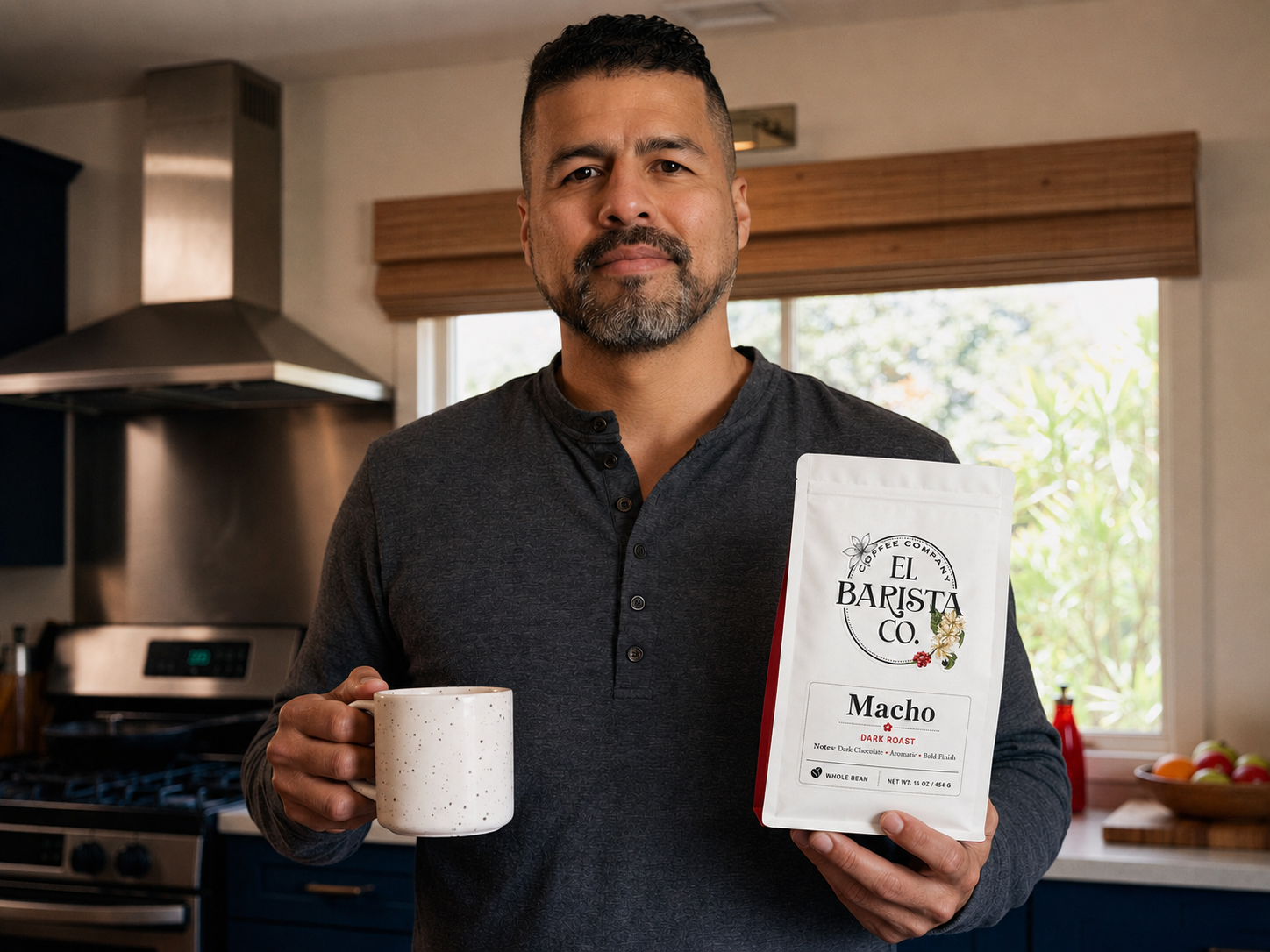 Paulo, founder of El Barista Co., holding a fresh bag of Macho dark roast coffee